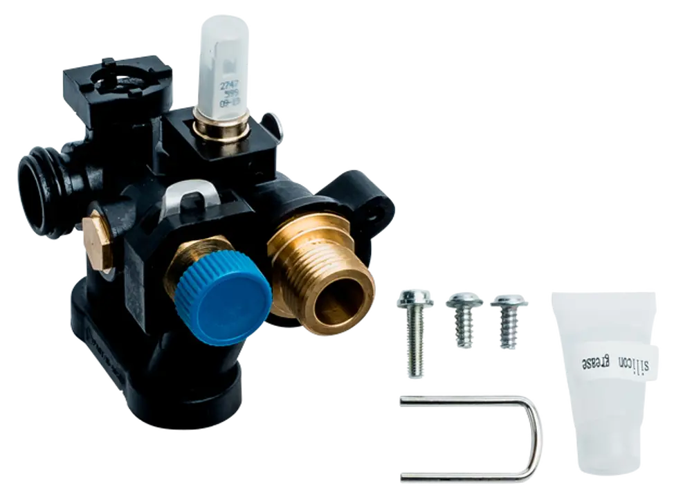 Wolf Hydraulikbauteil mit Anschlüssen, Ventil und Zubehörteilen, einschließlich Schrauben und Silikon, auf neutralem Hintergrund.